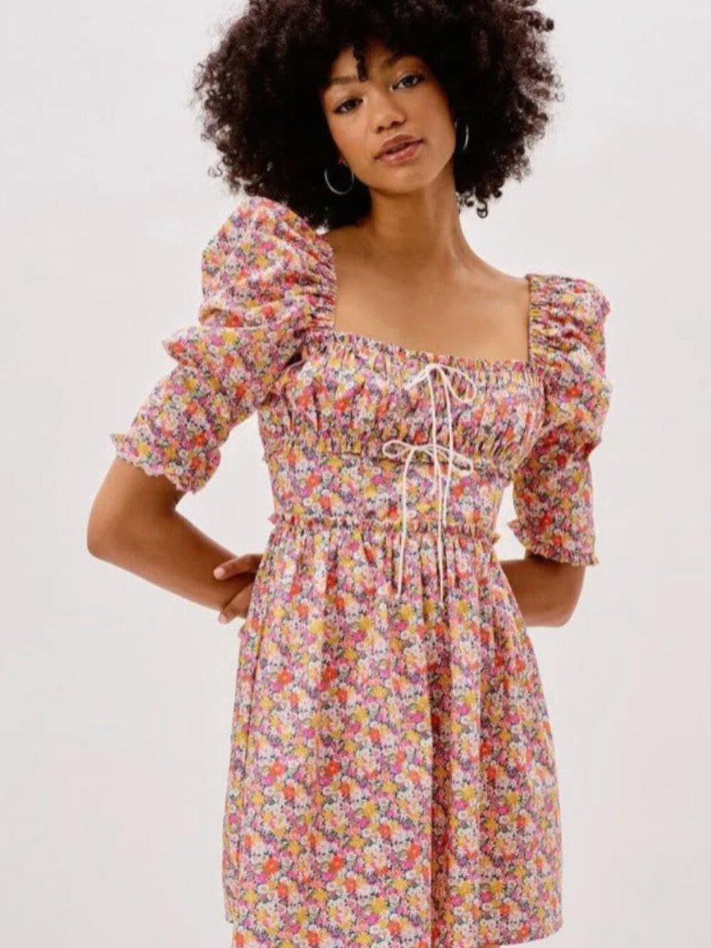 For Love & Lemons Floral Smocked Puff Sleeve Mini Dress Pink Orange L